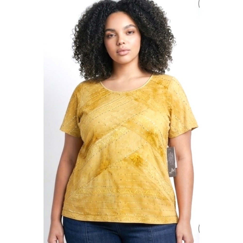 JM Collection‎ Woman Sunlight Yellow Sequin Embroidered Tie Dye Top 2X NWT